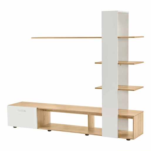 Armário para televisão com arrumação - 3 compartimentos e 3 prateleiras - Branco e Natural