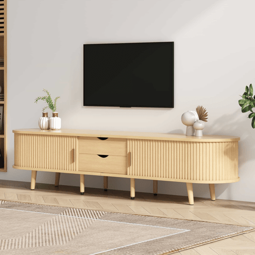 Móvel de TV 175x40x42 cm - Com arrumação, 2 gavetas, superfície redonda, madeira MDF - Cor madeira Móvel de TV 175x40x42 cm - Com arrumação, 2 gavetas, superfície redonda, madeira MDF - Cor madeira