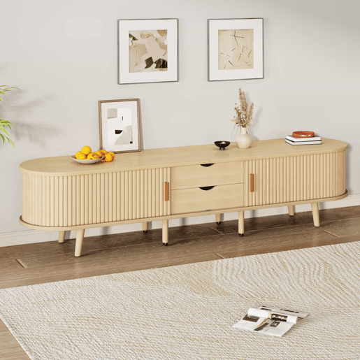 Móvel de TV 175x40x42 cm - Com arrumação, 2 gavetas, superfície redonda, madeira MDF - Cor madeira Móvel de TV 175x40x42 cm - Com arrumação, 2 gavetas, superfície redonda, madeira MDF - Cor madeira
