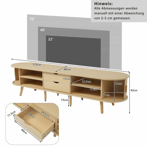 Móvel de TV 175x40x42 cm - Com arrumação, 2 gavetas, superfície redonda, madeira MDF - Cor madeira Móvel de TV 175x40x42 cm - Com arrumação, 2 gavetas, superfície redonda, madeira MDF - Cor madeira