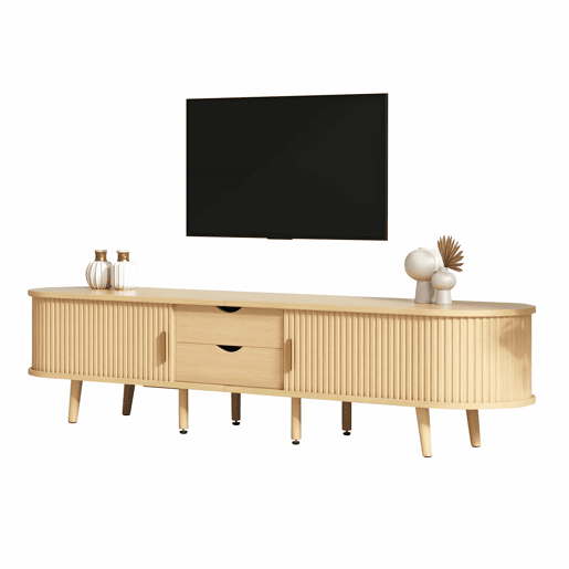 Móvel de TV 175x40x42 cm - Com arrumação, 2 gavetas, superfície redonda, madeira MDF - Cor madeira Móvel de TV 175x40x42 cm - Com arrumação, 2 gavetas, superfície redonda, madeira MDF - Cor madeira