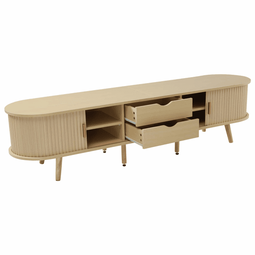 Móvel de TV 175x40x42 cm - Com arrumação, 2 gavetas, superfície redonda, madeira MDF - Cor madeira Móvel de TV 175x40x42 cm - Com arrumação, 2 gavetas, superfície redonda, madeira MDF - Cor madeira