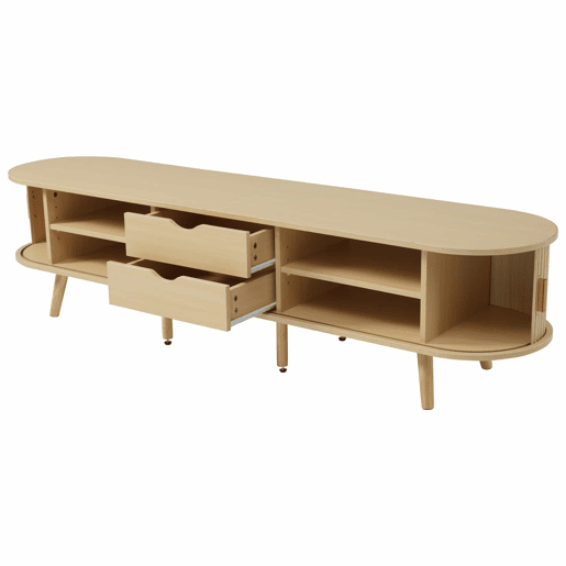 Móvel de TV 175x40x42 cm - Com arrumação, 2 gavetas, superfície redonda, madeira MDF - Cor madeira Móvel de TV 175x40x42 cm - Com arrumação, 2 gavetas, superfície redonda, madeira MDF - Cor madeira