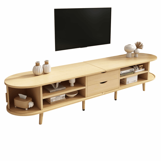 Móvel de TV 175x40x42 cm - Com arrumação, 2 gavetas, superfície redonda, madeira MDF - Cor madeira Móvel de TV 175x40x42 cm - Com arrumação, 2 gavetas, superfície redonda, madeira MDF - Cor madeira