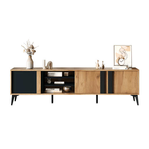 Móvel de TV 180 cm - Para TVs até 80 com porta e prateleira aberta - CastanhoPreto Móvel de TV 180 cm - Para TVs até 80 com porta e prateleira aberta - CastanhoPreto