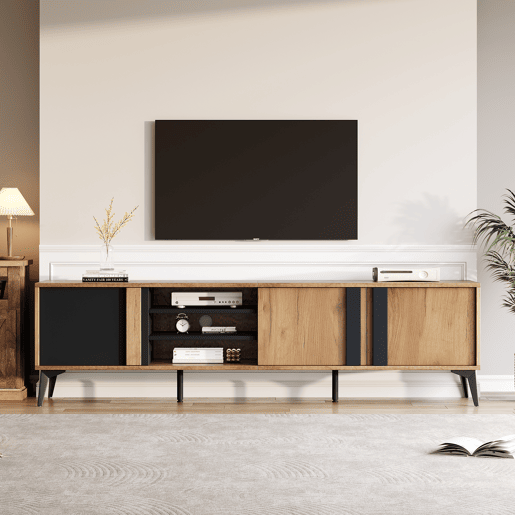Móvel de TV 180 cm - Para TVs até 80 com porta e prateleira aberta - CastanhoPreto Móvel de TV 180 cm - Para TVs até 80 com porta e prateleira aberta - CastanhoPreto