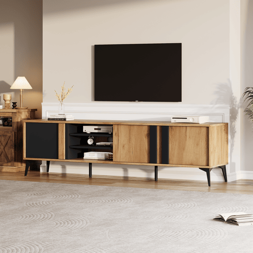 Móvel de TV 180 cm - Para TVs até 80 com porta e prateleira aberta - CastanhoPreto Móvel de TV 180 cm - Para TVs até 80 com porta e prateleira aberta - CastanhoPreto