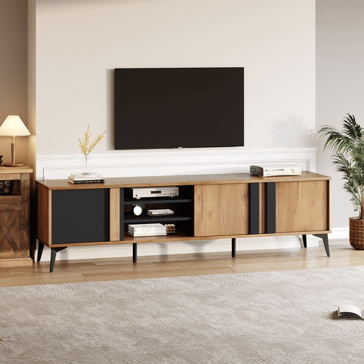 Móvel de TV 180 cm - Para TVs até 80 com porta e prateleira aberta - CastanhoPreto Móvel de TV 180 cm - Para TVs até 80 com porta e prateleira aberta - CastanhoPreto