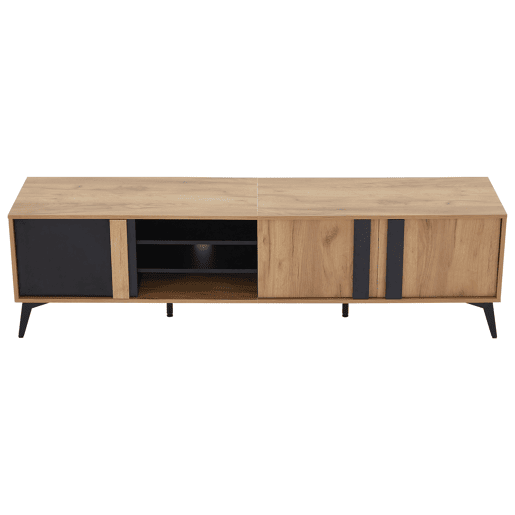 Móvel de TV 180 cm - Para TVs até 80 com porta e prateleira aberta - CastanhoPreto Móvel de TV 180 cm - Para TVs até 80 com porta e prateleira aberta - CastanhoPreto