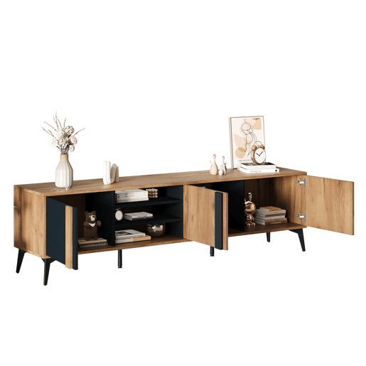 Móvel de TV 180 cm - Para TVs até 80 com porta e prateleira aberta - CastanhoPreto Móvel de TV 180 cm - Para TVs até 80 com porta e prateleira aberta - CastanhoPreto