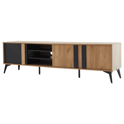 Móvel de TV 180 cm - Para TVs até 80 com porta e prateleira aberta - CastanhoPreto Móvel de TV 180 cm - Para TVs até 80 com porta e prateleira aberta - CastanhoPreto