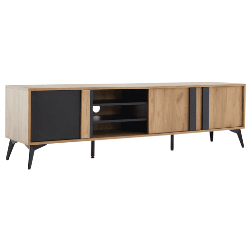 Móvel de TV 180 cm - Para TVs até 80 com porta e prateleira aberta - CastanhoPreto Móvel de TV 180 cm - Para TVs até 80 com porta e prateleira aberta - CastanhoPreto