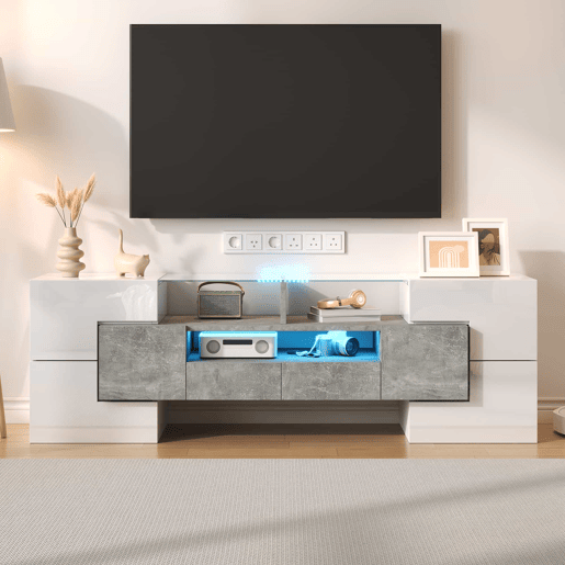 Móvel de TV 145 cm - Design moderno, superfície de vidro elegante, iluminação LED - Branco
