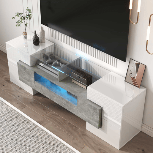 Móvel de TV 145 cm - Design moderno, superfície de vidro elegante, iluminação LED - Branco