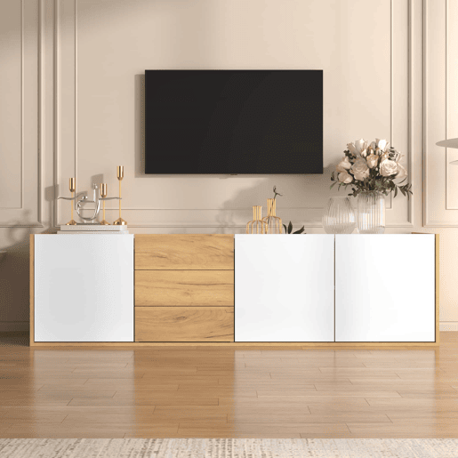 Móvel de TV - Branco e madeira - Painel inferior, opção de pendurar ou colocar no chão Móvel de TV - Branco e madeira - Painel inferior, opção de pendurar ou colocar no chão