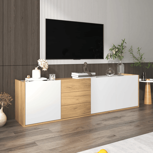 Móvel de TV - Branco e madeira - Painel inferior, opção de pendurar ou colocar no chão Móvel de TV - Branco e madeira - Painel inferior, opção de pendurar ou colocar no chão