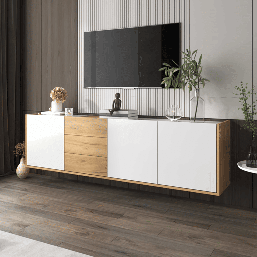Móvel de TV - Branco e madeira - Painel inferior, opção de pendurar ou colocar no chão Móvel de TV - Branco e madeira - Painel inferior, opção de pendurar ou colocar no chão