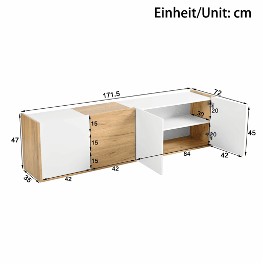 Móvel de TV - Branco e madeira - Painel inferior, opção de pendurar ou colocar no chão Móvel de TV - Branco e madeira - Painel inferior, opção de pendurar ou colocar no chão