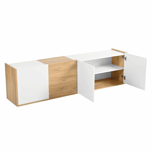 Móvel de TV - Branco e madeira - Painel inferior, opção de pendurar ou colocar no chão Móvel de TV - Branco e madeira - Painel inferior, opção de pendurar ou colocar no chão