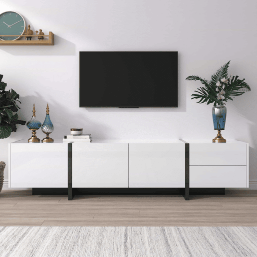 Armário moderno de 190 cm para televisão com 3 portas e 2 gavetas - branco e preto brilhante Armário moderno de 190 cm para televisão com 3 portas e 2 gavetas - branco e preto brilhante