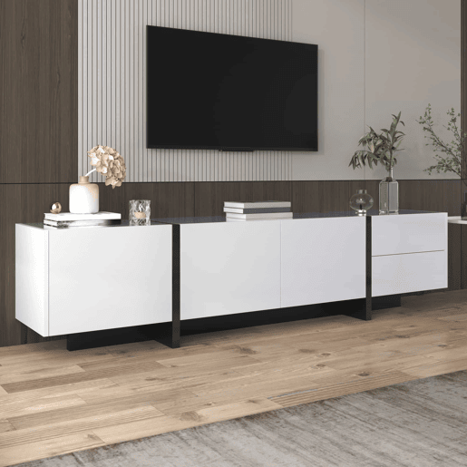Armário moderno de 190 cm para televisão com 3 portas e 2 gavetas - branco e preto brilhante Armário moderno de 190 cm para televisão com 3 portas e 2 gavetas - branco e preto brilhante