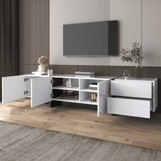 Armário moderno de 190 cm para televisão com 3 portas e 2 gavetas - branco e preto brilhante Armário moderno de 190 cm para televisão com 3 portas e 2 gavetas - branco e preto brilhante