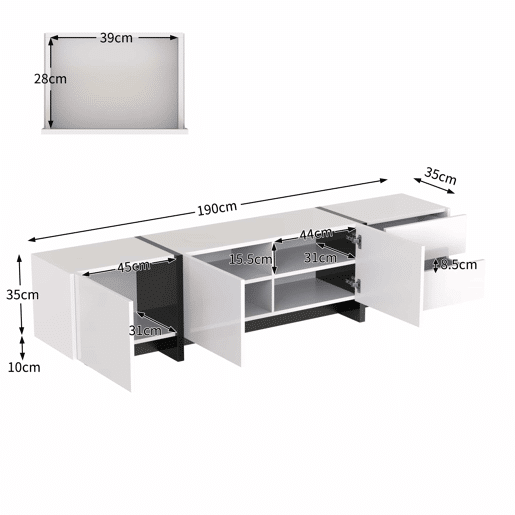 Armário moderno de 190 cm para televisão com 3 portas e 2 gavetas - branco e preto brilhante Armário moderno de 190 cm para televisão com 3 portas e 2 gavetas - branco e preto brilhante