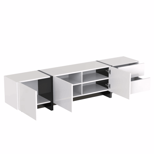 Armário moderno de 190 cm para televisão com 3 portas e 2 gavetas - branco e preto brilhante Armário moderno de 190 cm para televisão com 3 portas e 2 gavetas - branco e preto brilhante