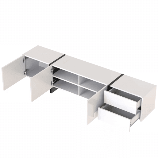Armário moderno de 190 cm para televisão com 3 portas e 2 gavetas - branco e preto brilhante Armário moderno de 190 cm para televisão com 3 portas e 2 gavetas - branco e preto brilhante