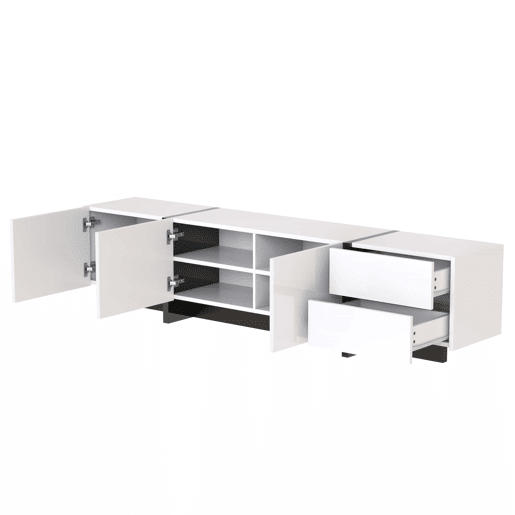 Armário moderno de 190 cm para televisão com 3 portas e 2 gavetas - branco e preto brilhante Armário moderno de 190 cm para televisão com 3 portas e 2 gavetas - branco e preto brilhante
