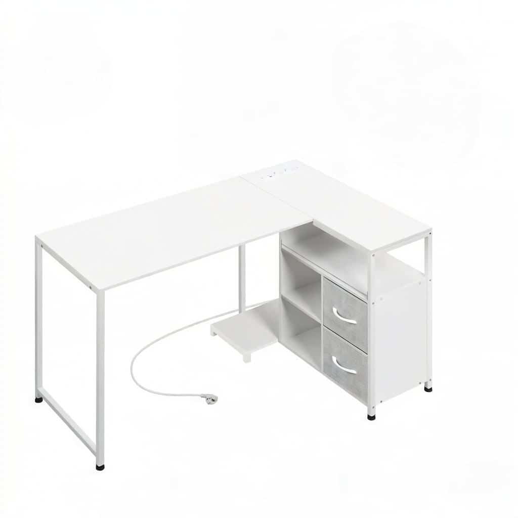 Escritorio esquinero 80x120x76 cm - diseño reversible con enchufe integrado - blanco