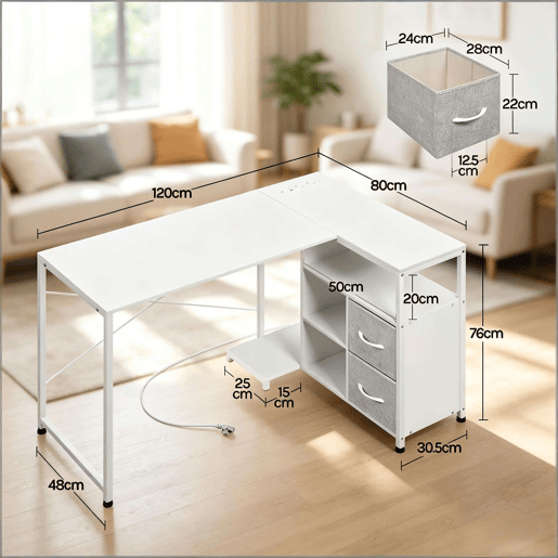 Secretária de canto 80 x 120 x 76 cm u2014 design reversível com tomada integrada u2014 branco
