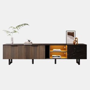 Móvel de TV 200 cm - com imitação de mármore preto, portas de madeira com veios escuros, iluminação LED ajustável, 2 portas e 2 gavetas - Preto