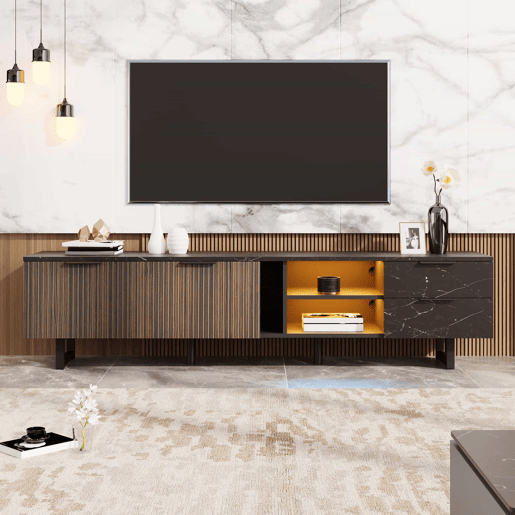 Móvel de TV 200 cm - com imitação de mármore preto, portas de madeira com veios escuros, iluminação LED ajustável, 2 portas e 2 gavetas - Preto Móvel de TV 200 cm - com imitação de mármore preto, portas de madeira com veios escuros, iluminação LED ajustável, 2 portas e 2 gavetas - Preto