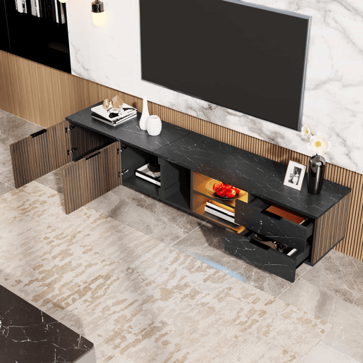 Móvel de TV 200 cm - com imitação de mármore preto, portas de madeira com veios escuros, iluminação LED ajustável, 2 portas e 2 gavetas - Preto Móvel de TV 200 cm - com imitação de mármore preto, portas de madeira com veios escuros, iluminação LED ajustável, 2 portas e 2 gavetas - Preto