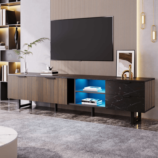 Móvel de TV 200 cm - com imitação de mármore preto, portas de madeira com veios escuros, iluminação LED ajustável, 2 portas e 2 gavetas - Preto Móvel de TV 200 cm - com imitação de mármore preto, portas de madeira com veios escuros, iluminação LED ajustável, 2 portas e 2 gavetas - Preto