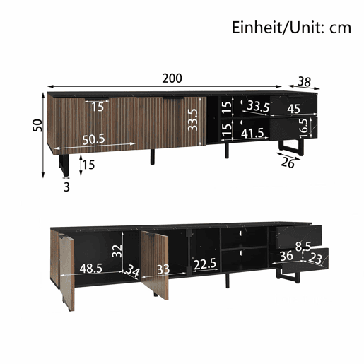 Móvel de TV 200 cm - com imitação de mármore preto, portas de madeira com veios escuros, iluminação LED ajustável, 2 portas e 2 gavetas - Preto Móvel de TV 200 cm - com imitação de mármore preto, portas de madeira com veios escuros, iluminação LED ajustável, 2 portas e 2 gavetas - Preto