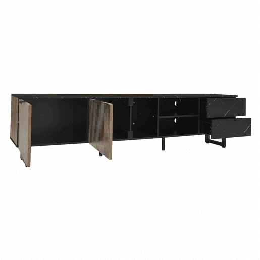Móvel de TV 200 cm - com imitação de mármore preto, portas de madeira com veios escuros, iluminação LED ajustável, 2 portas e 2 gavetas - Preto Móvel de TV 200 cm - com imitação de mármore preto, portas de madeira com veios escuros, iluminação LED ajustável, 2 portas e 2 gavetas - Preto