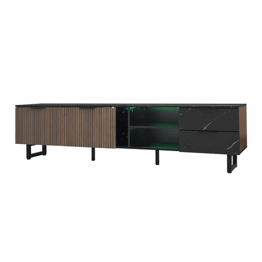 Móvel de TV 200 cm - com imitação de mármore preto, portas de madeira com veios escuros, iluminação LED ajustável, 2 portas e 2 gavetas - Preto Móvel de TV 200 cm - com imitação de mármore preto, portas de madeira com veios escuros, iluminação LED ajustável, 2 portas e 2 gavetas - Preto