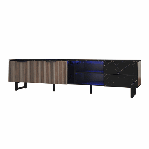 Móvel de TV 200 cm - com imitação de mármore preto, portas de madeira com veios escuros, iluminação LED ajustável, 2 portas e 2 gavetas - Preto Móvel de TV 200 cm - com imitação de mármore preto, portas de madeira com veios escuros, iluminação LED ajustável, 2 portas e 2 gavetas - Preto