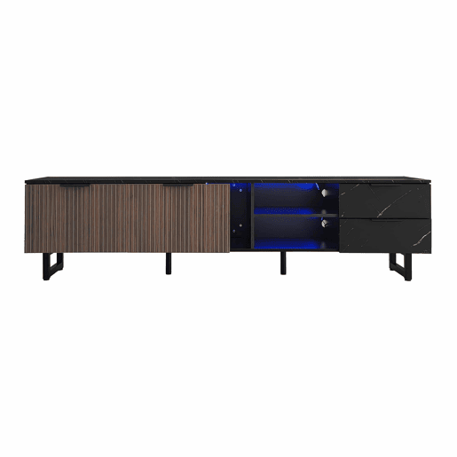 Móvel de TV 200 cm - com imitação de mármore preto, portas de madeira com veios escuros, iluminação LED ajustável, 2 portas e 2 gavetas - Preto Móvel de TV 200 cm - com imitação de mármore preto, portas de madeira com veios escuros, iluminação LED ajustável, 2 portas e 2 gavetas - Preto