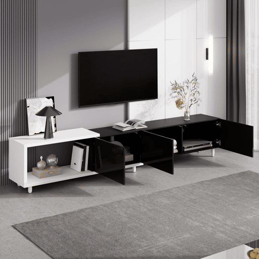 Móvel de TV extensível - 3 portas de alto brilho, pés metálicos, dobradiças silenciosas, design moderno, espaço de arrumação - preto, branco Móvel de TV extensível - 3 portas de alto brilho, pés metálicos, dobradiças silenciosas, design moderno, espaço de arrumação - preto, branco