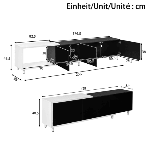 Móvel de TV extensível - 3 portas de alto brilho, pés metálicos, dobradiças silenciosas, design moderno, espaço de arrumação - preto, branco Móvel de TV extensível - 3 portas de alto brilho, pés metálicos, dobradiças silenciosas, design moderno, espaço de arrumação - preto, branco