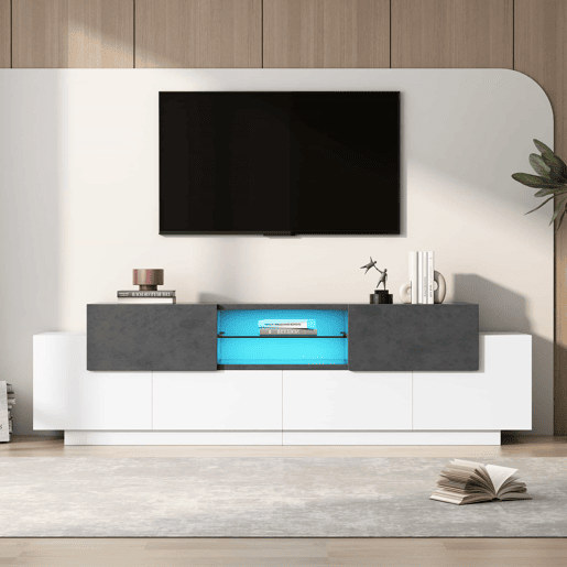 Móvel para TV LED 8075706555 polegadas - Centro de entretenimento moderno com prateleiras de vidro, arrumação - Branco+Cinza Móvel para TV LED 8075706555 polegadas - Centro de entretenimento moderno com prateleiras de vidro, arrumação - Branco+Cinza