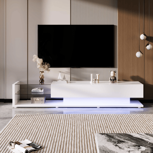 Suporte de TV 170cm com LED e ecrã de vidro - 2 gavetas - Branco Suporte de TV 170cm com LED e ecrã de vidro - 2 gavetas - Branco
