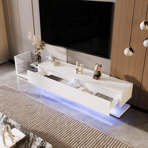 Suporte de TV 170cm com LED e ecrã de vidro - 2 gavetas - Branco Suporte de TV 170cm com LED e ecrã de vidro - 2 gavetas - Branco