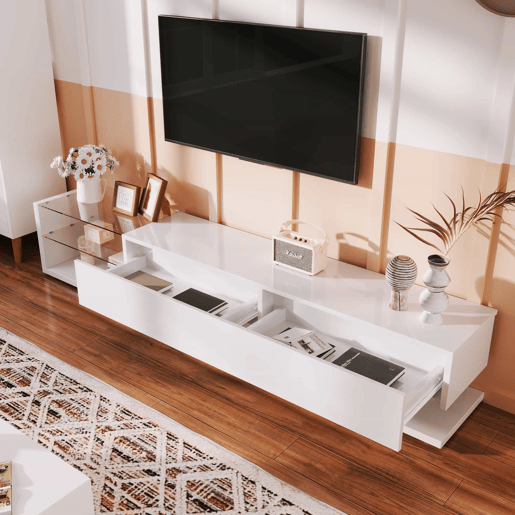 Suporte de TV 170cm com LED e ecrã de vidro - 2 gavetas - Branco Suporte de TV 170cm com LED e ecrã de vidro - 2 gavetas - Branco