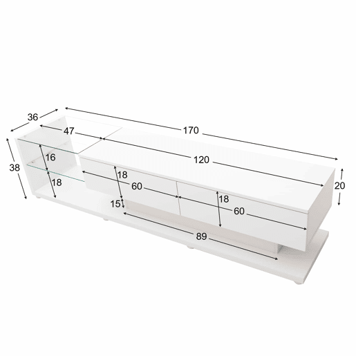 Suporte de TV 170cm com LED e ecrã de vidro - 2 gavetas - Branco Suporte de TV 170cm com LED e ecrã de vidro - 2 gavetas - Branco
