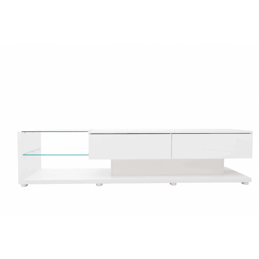 Suporte de TV 170cm com LED e ecrã de vidro - 2 gavetas - Branco Suporte de TV 170cm com LED e ecrã de vidro - 2 gavetas - Branco