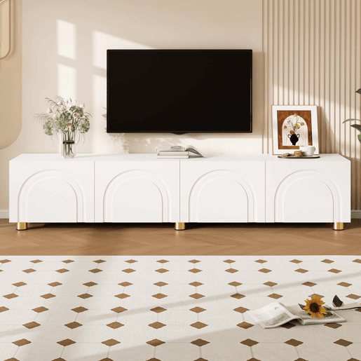 Móvel de TV baixo de 180 cm u2013 relevo arqueado, 4 portas, pés metálicos, arrumação para a sala de estar u2013 branco Móvel de TV baixo de 180 cm u2013 relevo arqueado, 4 portas, pés metálicos, arrumação para a sala de estar u2013 branco